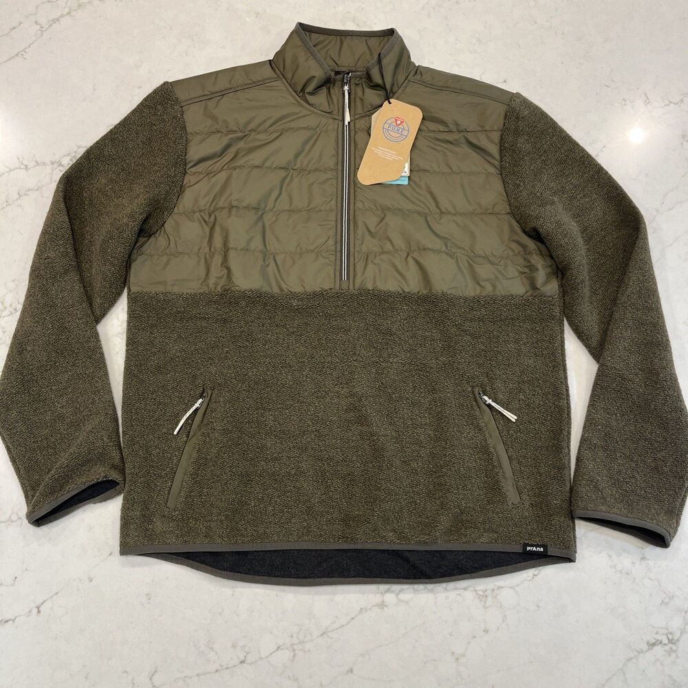 prAna NEW Mens XL‎ Fleece 1/2 Zip Quilted Pullover Jacket Wool Blend Slate Green
